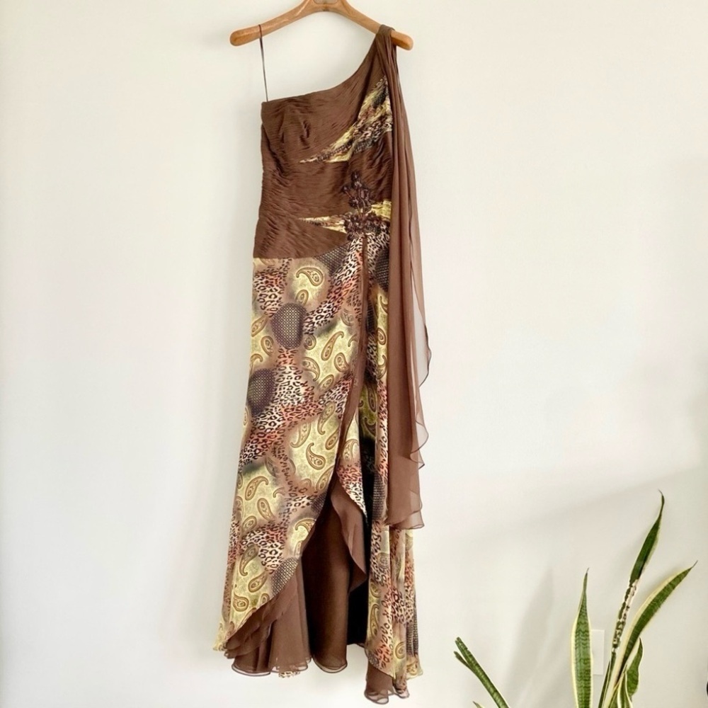 Asymmetric One-Shoulder Brown Printed Maxi Dress with Draped Chiffon Detail
